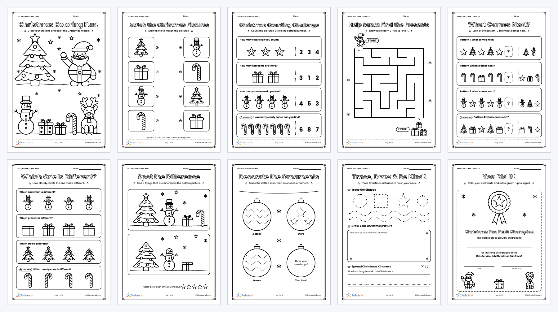 Preview of all 10 pages of the free KidsServiceHub Christmas Fun Pack worksheets for kids ages 2 to 6